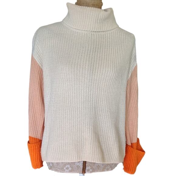 Cream and Orange block color cowlneck sweater - Picture 1 of 4